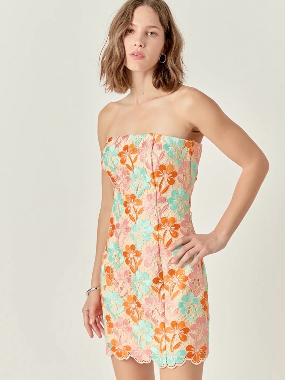 Endless Rose Strapless Floral Lace Mini Dress in Turquoise, Orange, Pink, Cream